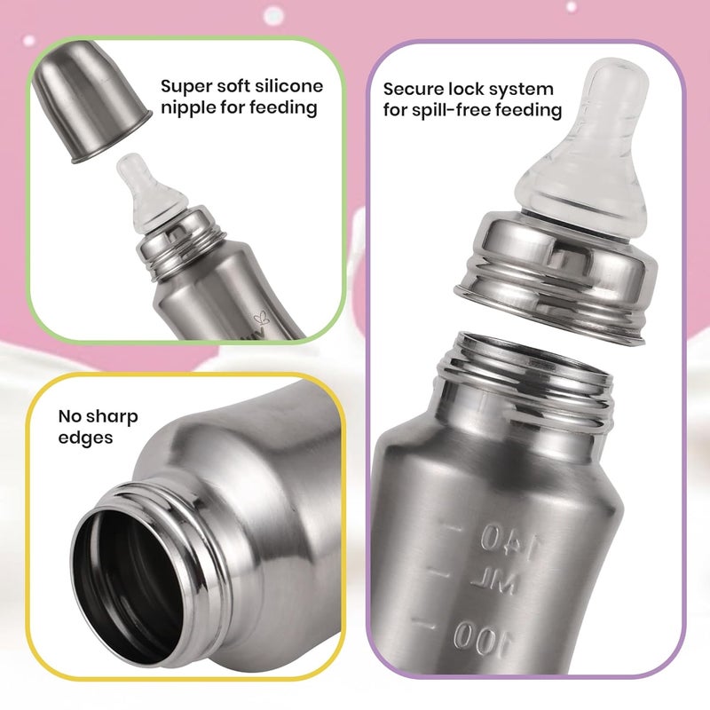 Nuluv Nourish+ Stainless Steel Feeding Bottle 140ml with Anti-Colic Silicone Nipple for Babies - Image 5